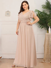 A-Line Mother of the Bride Dress Plus Size V Neck Floor Length Chiffon Short Sleeve with Ruffles