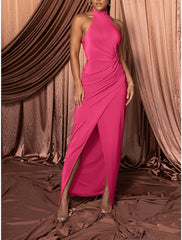 Women's Prom Dress Party Dress Homecoming Dress Long Dress Maxi Dress Black Army Green Blue Sleeveless Pure Color Ruched Summer Spring Halter Neck Party Evening Party Wedding Guest Summer Dress Slim