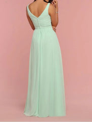 A-Line Bridesmaid Dress Straps / Plunging Neck / V Neck Sleeveless Open Back Floor Length Chiffon / Shantung / Imitated Silk with Pleats / Draping / Ruching