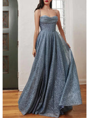 A-Line Prom Dresses Glittering Dress Formal Evening Party Sweep / Brush Train Sleeveless Cowl Neck Tulle with Glitter Slit