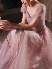A-Line Beautiful Back Elegant Prom Formal Evening Birthday Dress Sweetheart Neckline Short Sleeve Floor Length Lace with Beading 2024 / Puff Balloon Sleeve