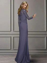 Sheath / Column Mother of the Bride Dress Elegant Square Neck Sweep / Brush Train Chiffon Lace Long Sleeve