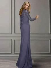Sheath / Column Mother of the Bride Dress Elegant Square Neck Sweep / Brush Train Chiffon Lace Long Sleeve with Appliques