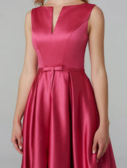 A-Line Elegant Dress Wedding Guest Cocktail Party Knee Length Sleeveless V Wire Pink Dress Satin with Sash / Ribbon