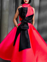 Aimishang Ball Gown Color Black Celebrity Style Elegant Prom Formal Evening Birthday Dress Red Dress High Neck Sleeveless Ankle Length Satin with Bow(s)