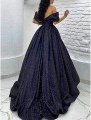 A-Line Prom Dresses Elegant Dress Black Tie Gala Sweep / Brush Train Short Sleeve Off Shoulder Sequined with Glitter Pleats