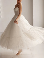 Reception Little White Dresses Wedding Dresses A-Line Sweetheart Camisole Spaghetti Strap Ankle Length Tulle Bridal Gowns With Bow(s)