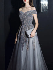 A-Line Prom Dresses Elegant Dress Formal Wedding Guest Floor Length Short Sleeve Off Shoulder Polyester with Sequin