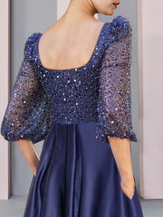Sheath / Column Mother of the Bride Dress Formal Wedding Guest Elegant Sparkle & Shine High Low Square Neck Asymmetrical Tea Length Satin Lace Half Sleeve with Pleats Beading
