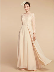 Aimishang  A-Line Mother of the Bride Dress Wedding Guest Elegant Jewel Neck Ankle Length Chiffon Lace Long Sleeve with Ruching Solid Color