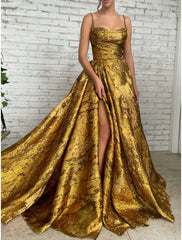 A-Line Evening Gown High Split Dress Formal Christmas Court Train Sleeveless Spaghetti Strap Sequined with Glitter Pleats Ruched 2025
