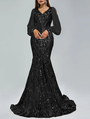 Mermaid / Trumpet Evening Gown Sparkle & Shine Dress Formal Wedding Guest Sweep / Brush Train Long Sleeve V Neck Lace with Sequin Appliques