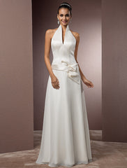 Hall Wedding Dresses Sheath / Column Halter Sleeveless Floor Length Satin Bridal Gowns With Sash / Ribbon  Summer Wedding Party  Women's Clothing