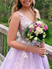 Ball Gown A-Line Prom Dresses Color Block Dress Formal Floor Length Sleeveless V Neck Tulle BacklessBack with