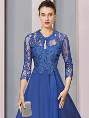 Two Piece A-Line Mother of the Bride Dress Formal Church Party Elegant Strapless Tea Length Satin Lace Half Sleeve Wrap Included with Crystal Brooch Ruching