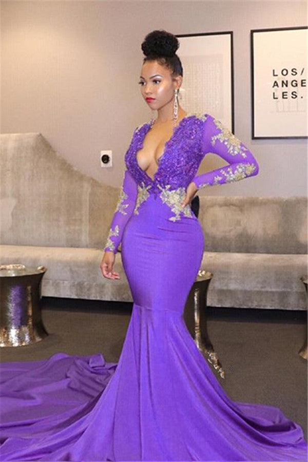 Unique Lace Appliques Deep Chic V-neck Prom Dresses Long Sleeves Fit and Flare Evening Gowns