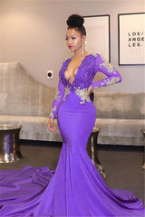 Unique Lace Appliques Deep Chic V-neck Prom Dresses Long Sleeves Fit and Flare Evening Gowns