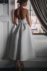 Unique Tea Length Satin Party Spaghetti Straps Backless Prom Dress