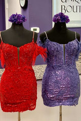 Dark Periwinkle Cold-Shoulder Feather Mini Homecoming Dress