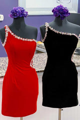 Royal Blue Velvet One-Shoulder Beaded Short Homecoming Dress