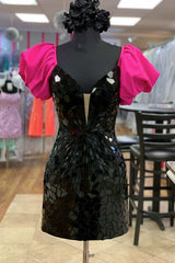 Black Cut Glass Mirror Short Party Dress with Puff Sleeves