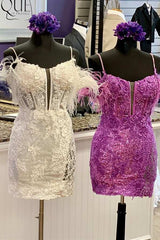 Dark Periwinkle Cold-Shoulder Feather Mini Homecoming Dress