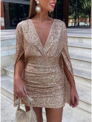 Women's Sequin Dress Party Dress Sparkly Dress Homecoming Dress Cocktail Dress Mini Dress Champagne Dark Green Dark Blue Long Sleeve Sparkly Glitter Spring Fall Winter Deep V Fashion