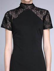 Mermaid / Trumpet Mother of the Bride Dress Vintage Inspired High Neck Sweep / Brush Train Lace Jersey Short Sleeve No with Lace