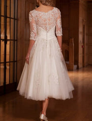 Reception Vintage 1940s / 1950s Simple Wedding Dresses Wedding Dresses A-Line V Neck Cap Sleeve Tea Length Lace Bridal Gowns With Lace Lace Insert