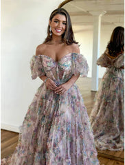 Aimishang A-Line Prom Dresses Floral Dress Wedding Guest Quinceanera Floor Length Short Sleeve Sweetheart Tulle with Ruffles