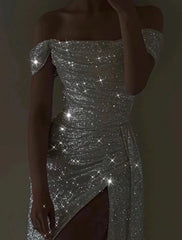 Wholesale Mermaid Evening Dresses Sparkle Wedding Dress For Reception Prom Dress Sweep / Brush Train Short Sleeve Off Shoulder Sequins with Slit