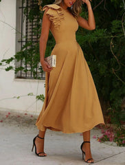 A-Line Cocktail Dresses Elegant Dress Wedding Guest Homecoming Ankle Length Sleeveless Jewel Neck Fall Wedding Guest Stretch Fabric with Ruffles Pure Color