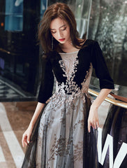 A-Line Evening Gown Glittering Dress Wedding Guest Party Wear Floor Length Half Sleeve Illusion Neck Velvet with Sequin Appliques