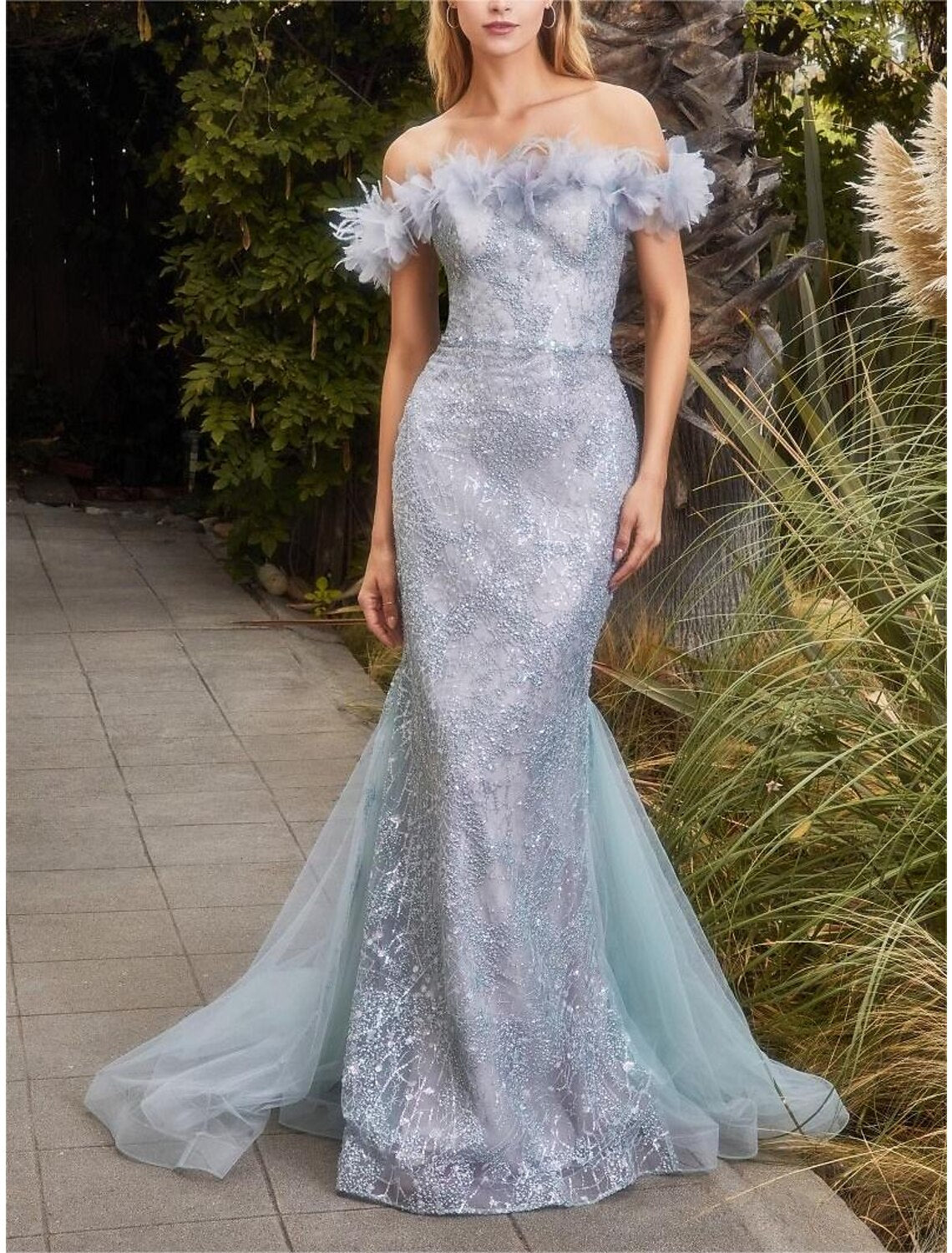 Mermaid / Trumpet Prom Dresses Sparkle Dress Graduation Prom Sweep / Brush Train Sleeveless Off Shoulder Organza with Rhinestone Feather Glitter