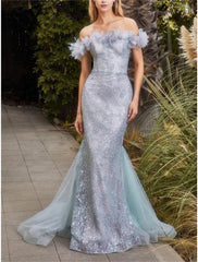 Mermaid / Trumpet Prom Dresses Sparkle Dress Graduation Prom Sweep / Brush Train Sleeveless Off Shoulder Organza with Rhinestone Feather Glitter