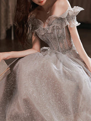 A-Line Prom Dresses Sparkle & Shine Dress Wedding Guest Prom Floor Length Short Sleeve Off Shoulder Polyester with Sequin Ruffles