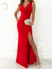 Women‘s Prom Dress Wedding Guest Party Dress Homecoming Dress Sheath Dress Long Dress Maxi Dress Black Red Green Sleeveless Pure Color Backless Summer Spring V Neck Party Evening