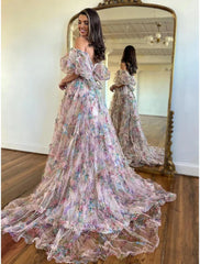 Aimishang A-Line Prom Dresses Floral Dress Wedding Guest Quinceanera Floor Length Short Sleeve Sweetheart Tulle with Ruffles