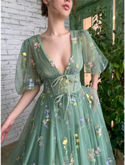 A-Line Prom Dresses Elegant Dress Wedding Guest Wedding Party Floor Length Short Sleeve V Neck Lace with Appliques Strappy