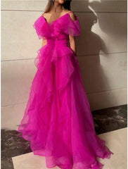 A-Line Prom Dresses Elegant Dress Formal Sweep / Brush Train Short Sleeve V Neck Organza with Pleats Ruffles