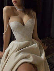 A-Line Prom Dresses Glittering Dress Wedding Guest Wedding Party Court Train Sleeveless Spaghetti Strap Tulle with Sequin
