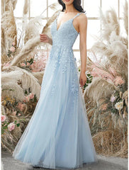Sheath / Column Prom Dresses Elegant Dress Formal Prom Floor Length Sleeveless Spaghetti Strap Tulle with Appliques