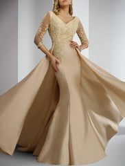 Aimishang Mother of the Bride Dress Sheath / Column Formal Wedding Guest V Neck Floor Length Satin Lace 3/4 Length Sleeve with Appliques