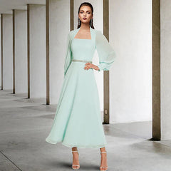 Two Piece A-Line Mother of the Bride Dress Church Elegant Square Neck Tea Length Chiffon Short Sleeve Wrap Included with Sash / Ribbon