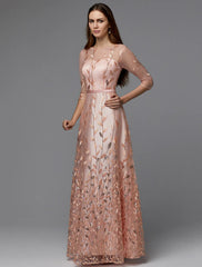DingjiA-Line Floral Dress Valentine's Day Wedding Guest Floor Length 3/4 Length Sleeve Illusion Neck Bridesmaid Dress Lace with Pattern / Print Appliques