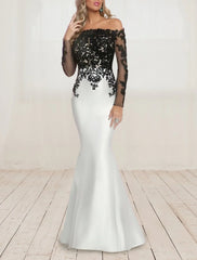 Mermaid / Trumpet Evening Gown Elegant Dress Formal Wedding Guest Floor Length Long Sleeve Off Shoulder Satin with Pleats Appliques