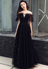 Black Tulle Long A-Line Prom Dresses, Black Off the Shoulder Evening Dresses