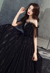 Black Tulle Long A-Line Prom Dresses, Black Off the Shoulder Evening Dresses