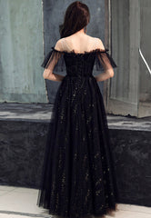 Black Tulle Long A-Line Prom Dresses, Black Off the Shoulder Evening Dresses