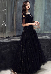 Black Tulle Long A-Line Prom Dresses, Black Off the Shoulder Evening Dresses